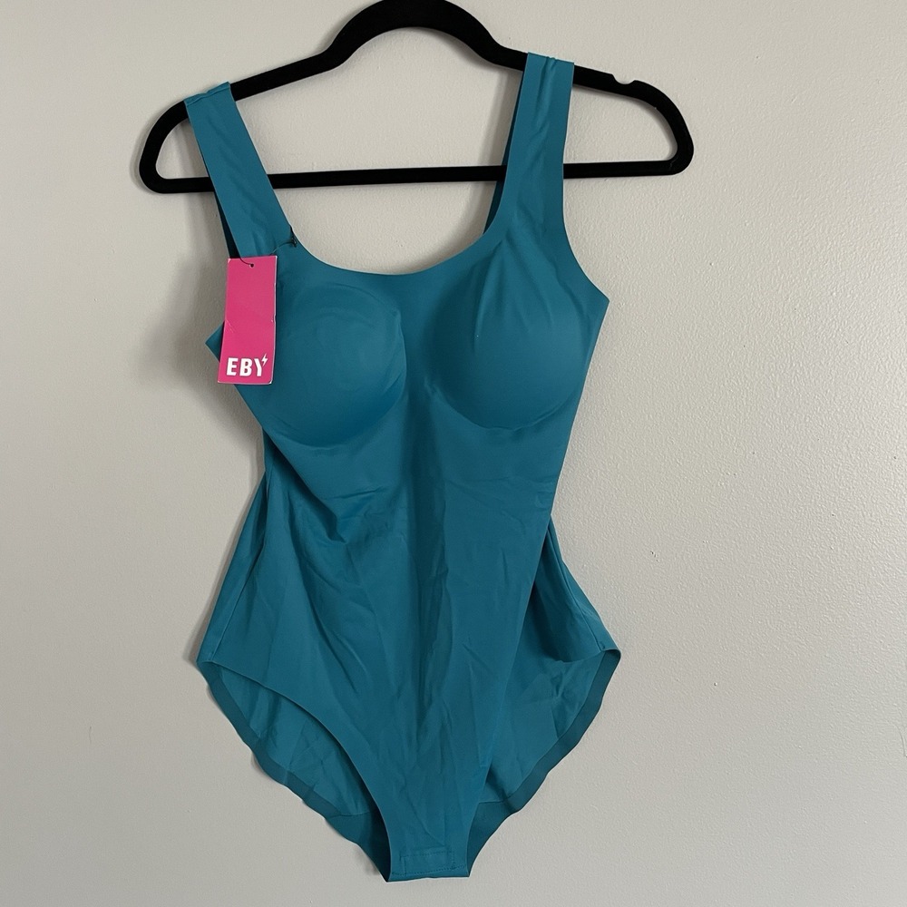 Eby Blue Body Suit, Size L,‎ Built In Wireless Bra Ocean Depths Slimming